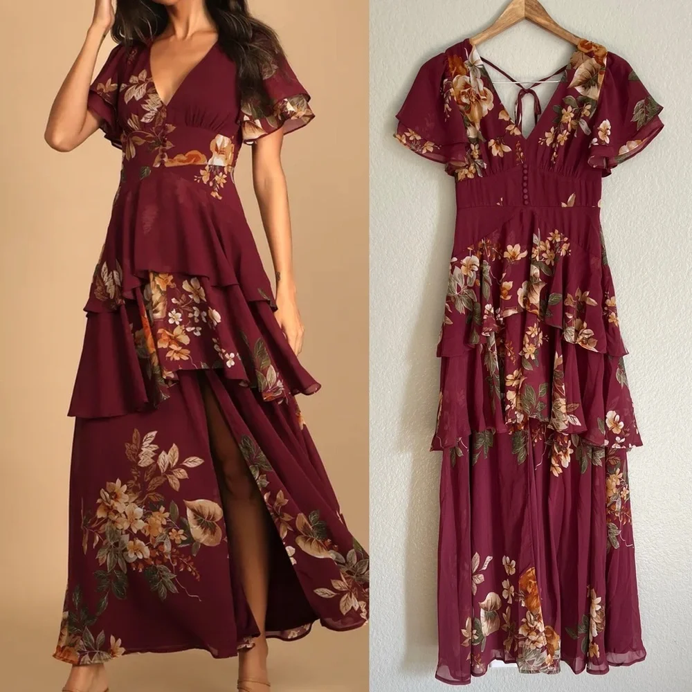 NWOT Midnight Mood Burgundy Floral Print Tiered Maxi Dress